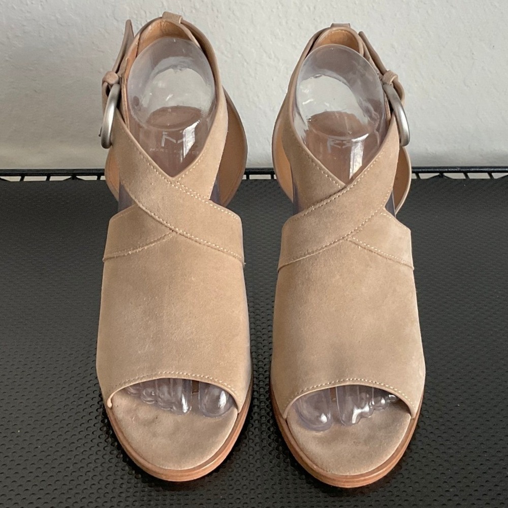 Marc Fisher LTD Tim Beige Tan Suede Open Toe Buckle Block Heel Booties 7.5M - Picture 11 of 12